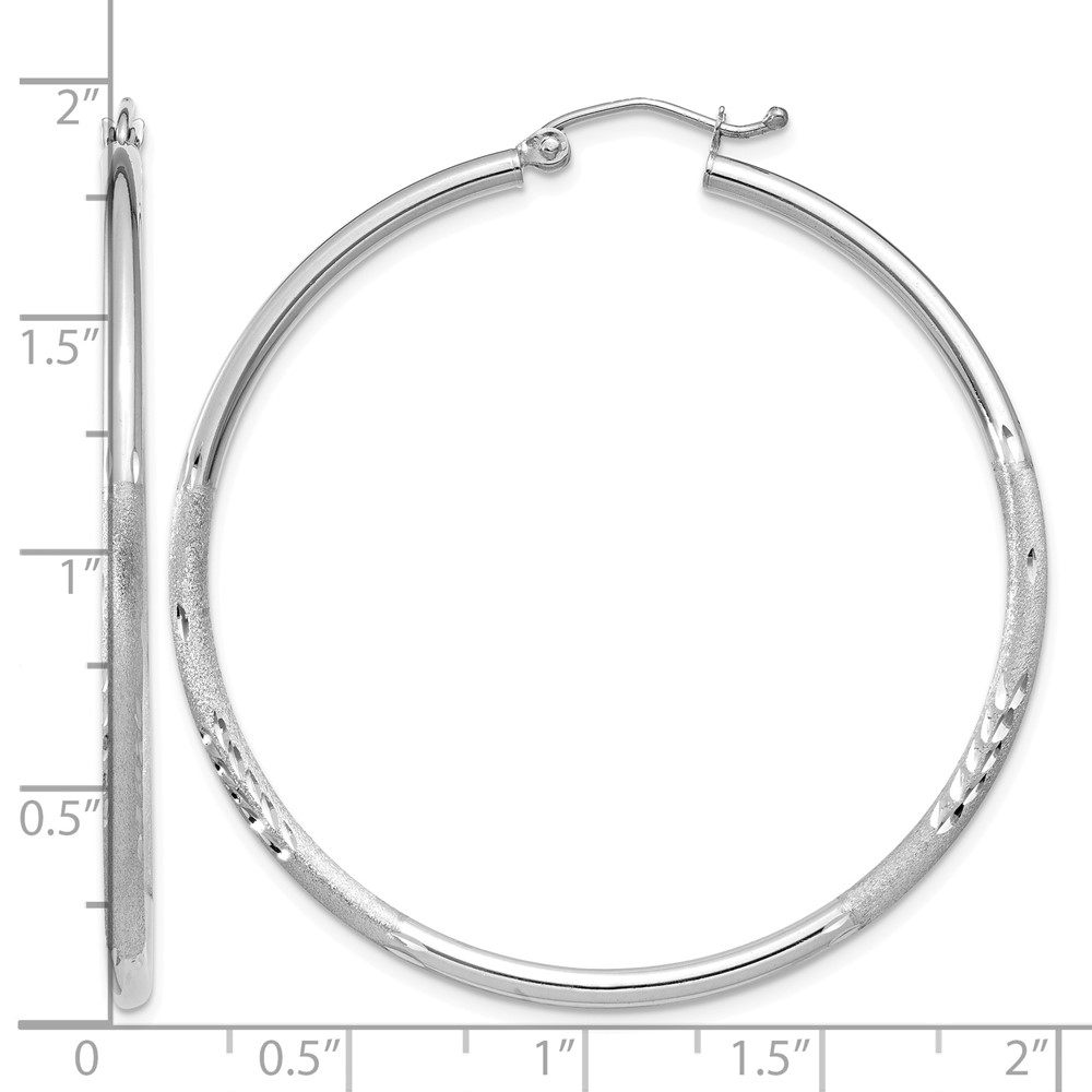 14k White Gold Satin and Diamond-cut 2mm Round Hoop Earrings (TC202)