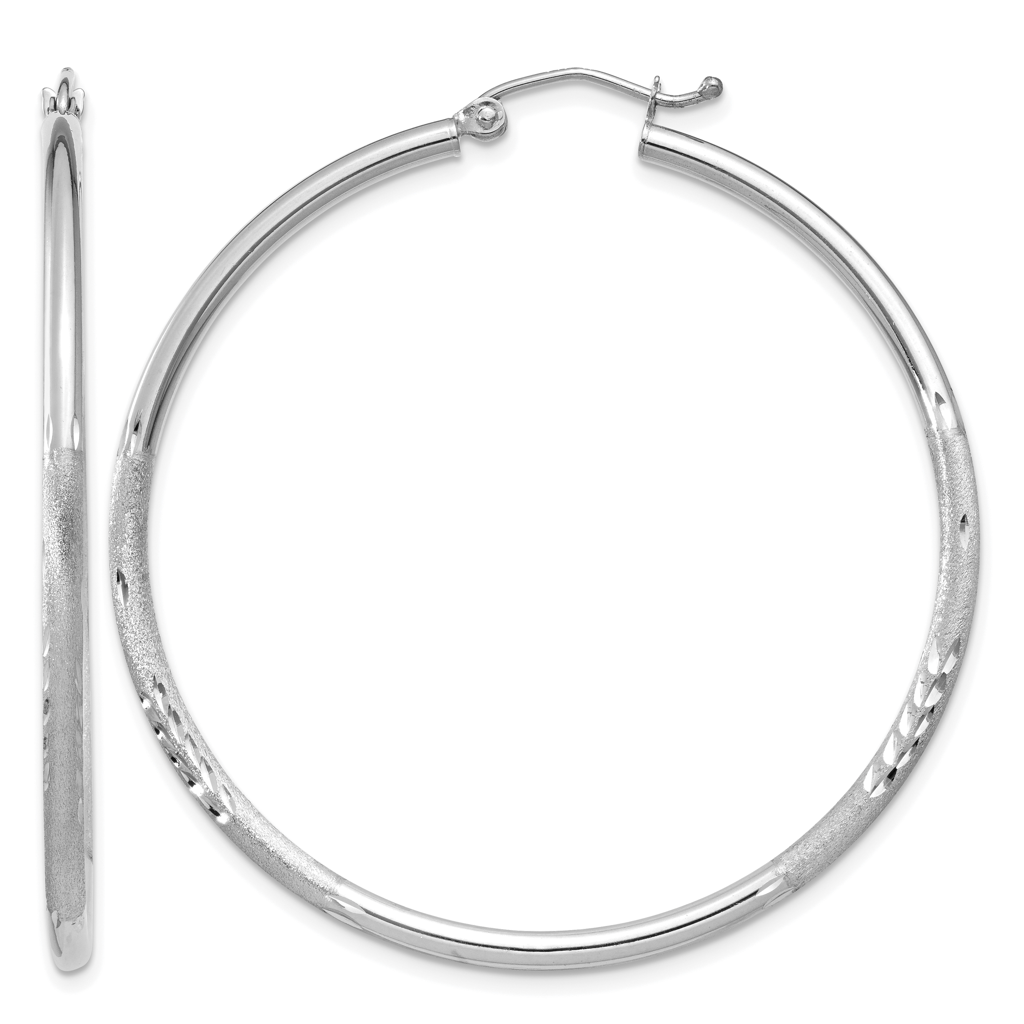 14k White Gold Satin and Diamond-cut 2mm Round Hoop Earrings (TC202)