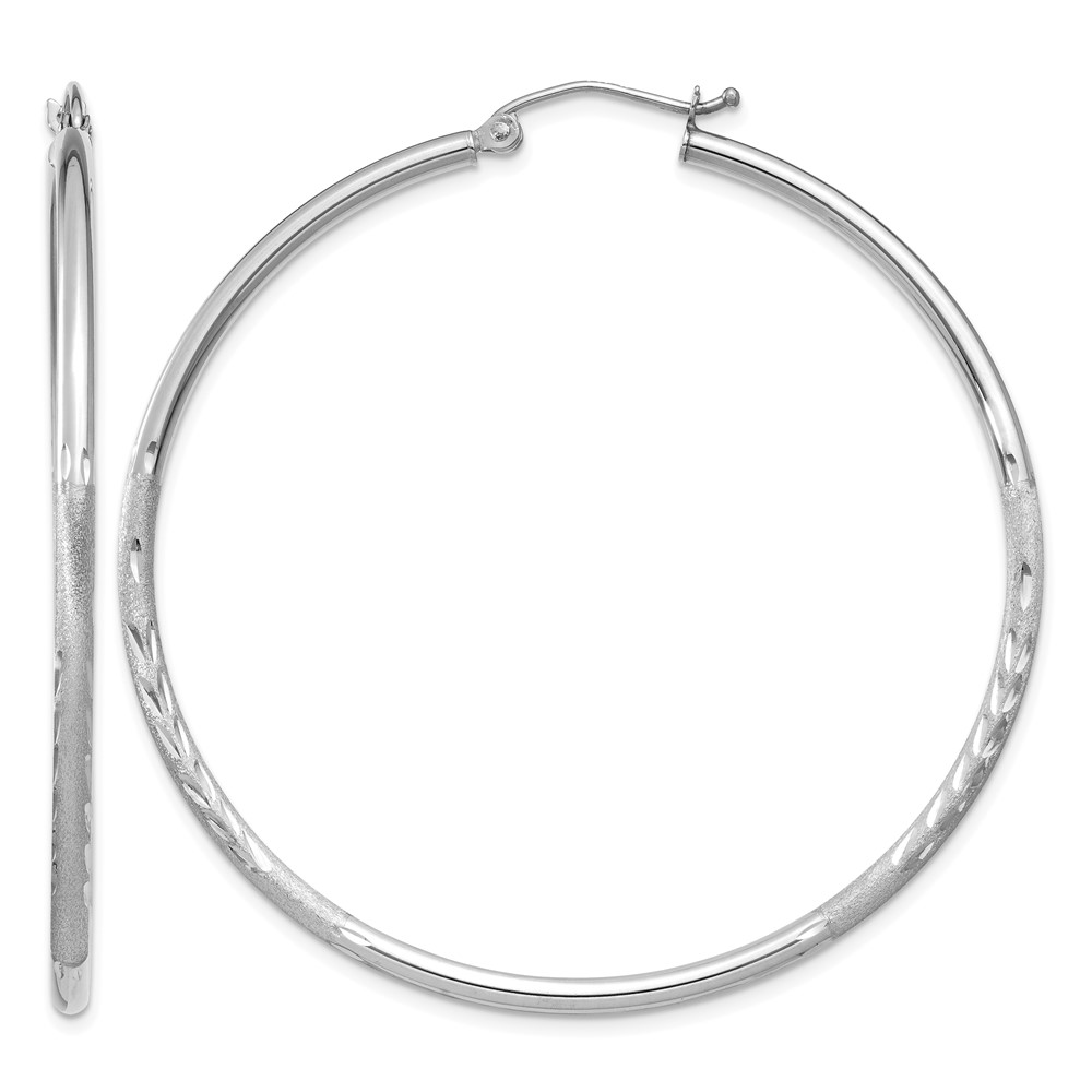 14K White Gold 2x 50mm Satin Diamond-cut Round Tube Hoop Earrings