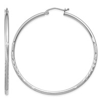 14K White Gold 2x 50mm Satin Diamond-cut Round Tube Hoop Earrings view 1