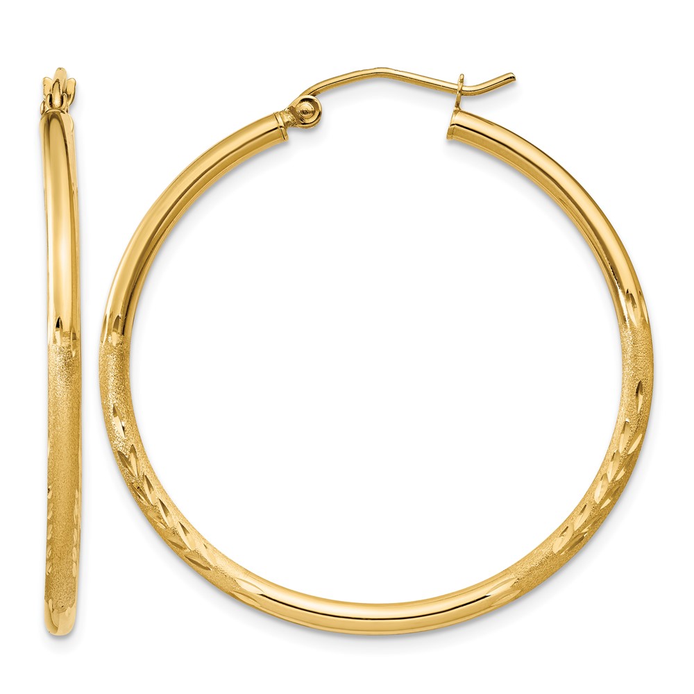 14k Satin and Diamond-cut 2mm Round Tube Hoop Earrings (TC207)