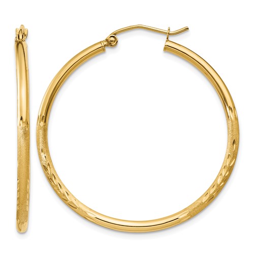 14K Yellow Gold 2x 35mm Satin Diamond-cut Round Tube Hoop Earrings