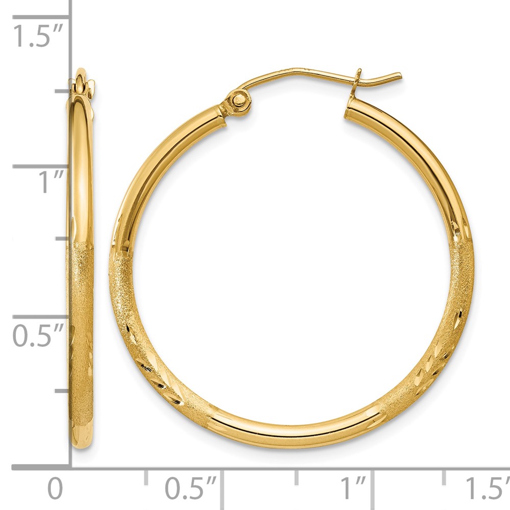 14k Satin and Diamond-cut 2mm Round Tube Hoop Earrings (TC208)