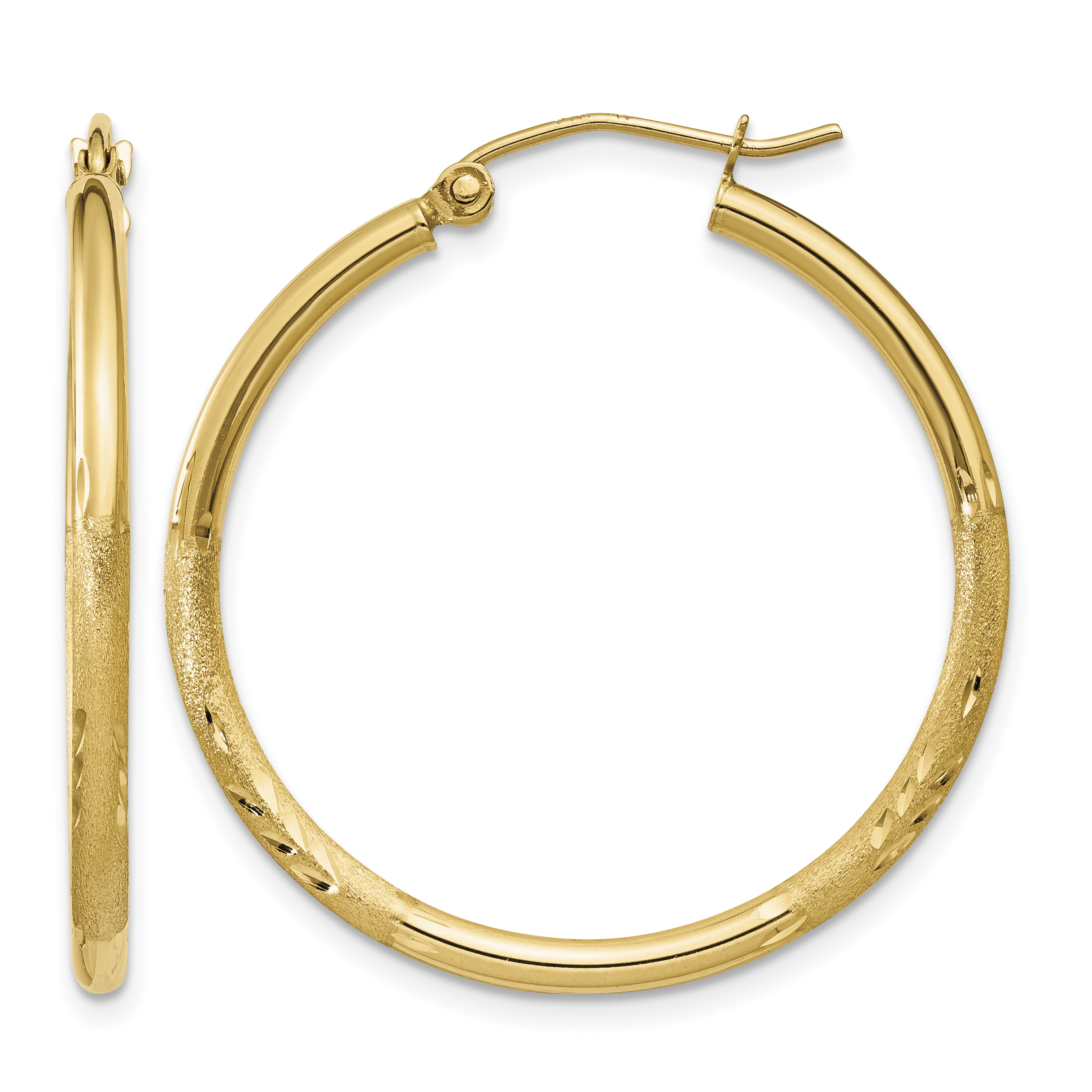 14k Satin and Diamond-cut 2mm Round Tube Hoop Earrings (TC208)