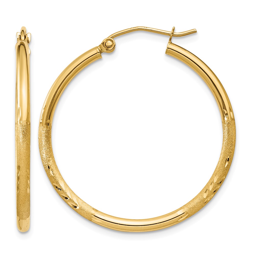 14k Satin and Diamond-cut 2mm Round Tube Hoop Earrings (TC208)