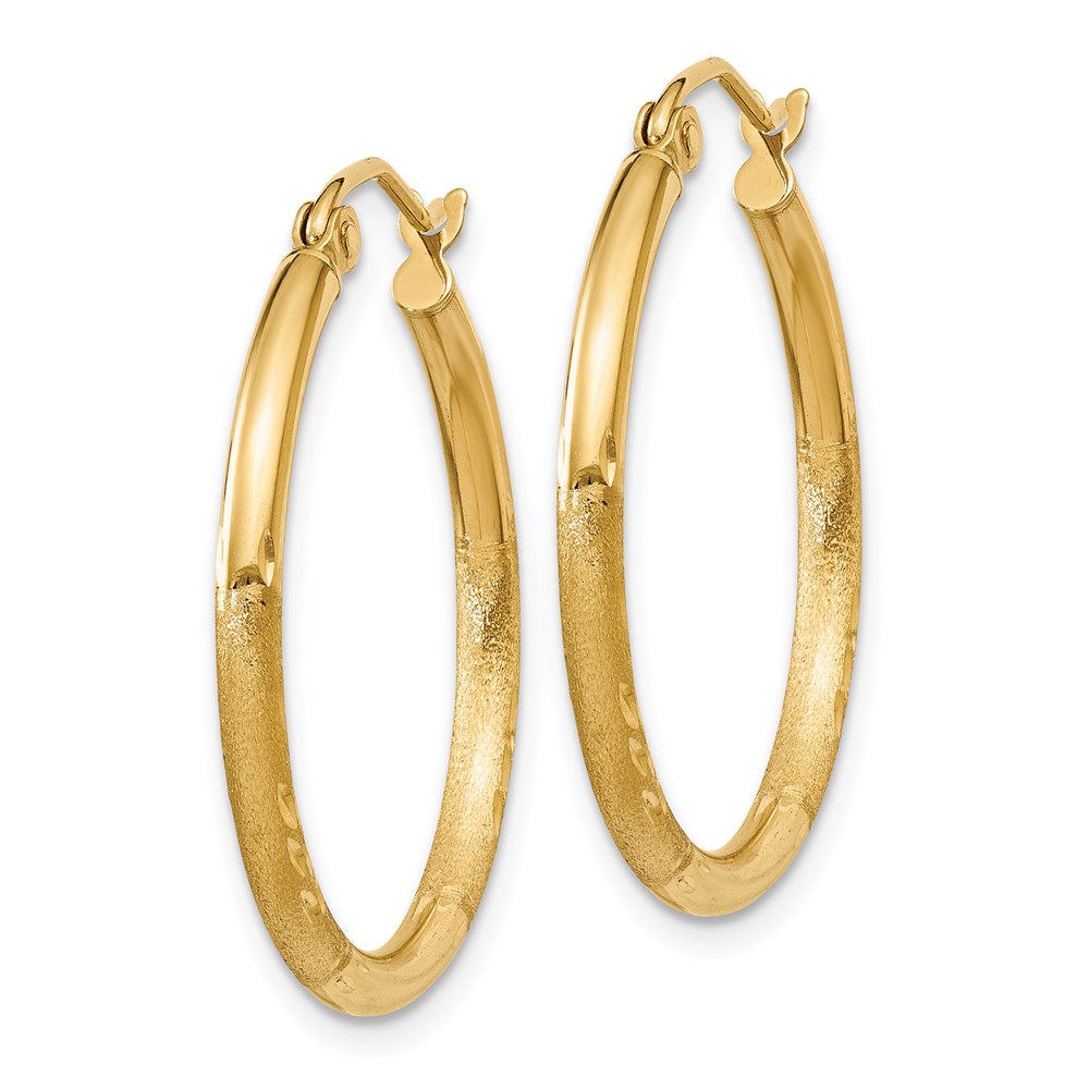 14k Satin and Diamond-cut 2mm Round Tube Hoop Earrings (TC209)