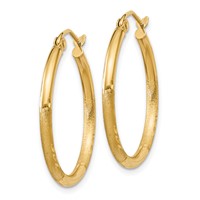 14K Yellow Gold 2x 25mm Satin Diamond-cut Round Tube Hoop Earrings view 2