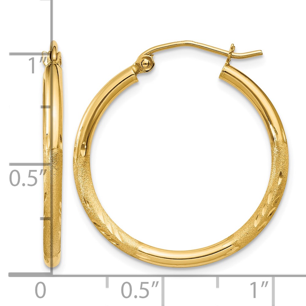 14k Satin and Diamond-cut 2mm Round Tube Hoop Earrings (TC209)