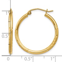 14K Yellow Gold 2x 25mm Satin Diamond-cut Round Tube Hoop Earrings view 4