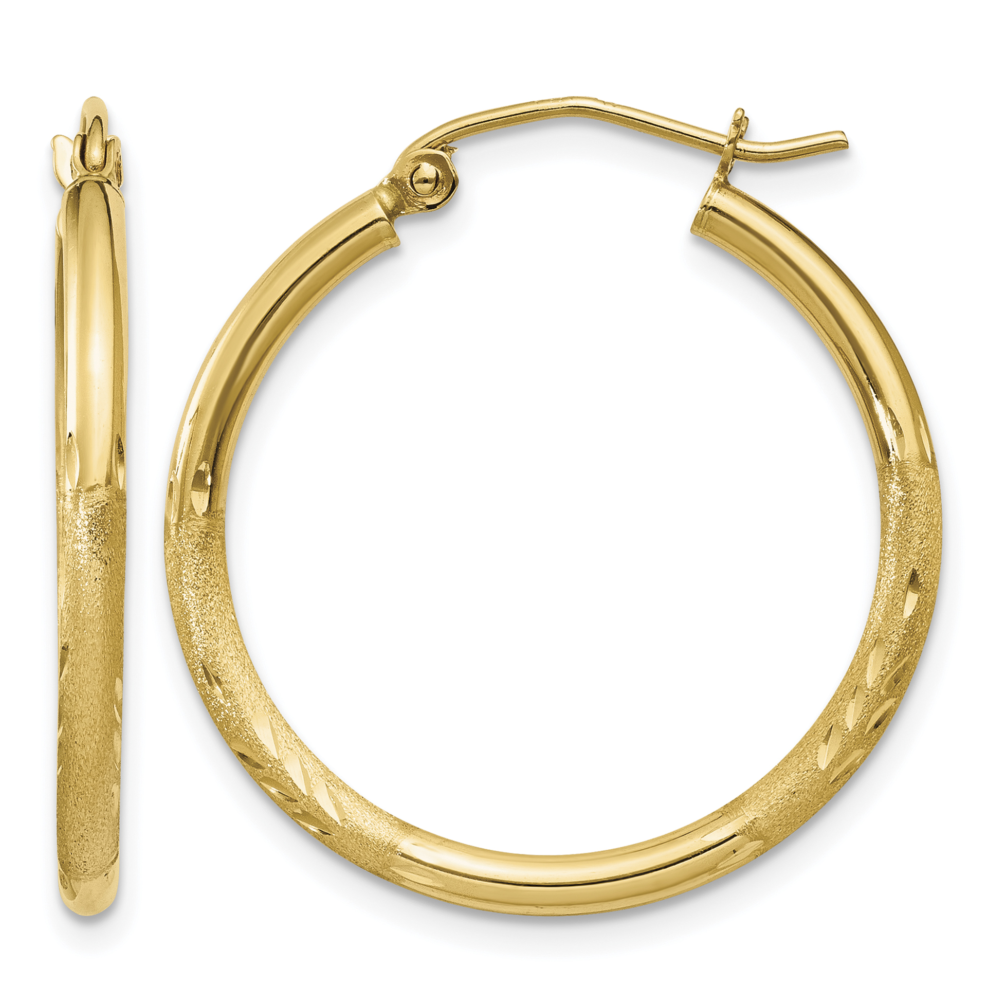 14k Satin and Diamond-cut 2mm Round Tube Hoop Earrings (TC209)