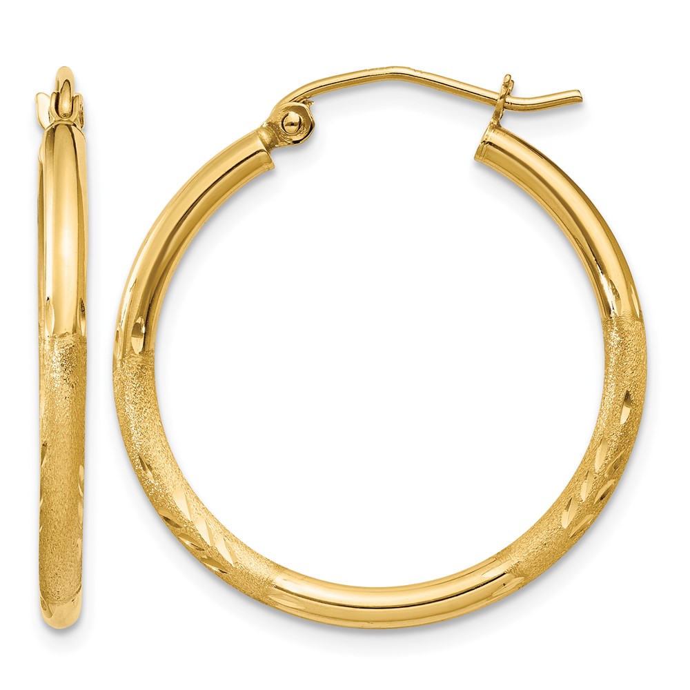 14k Satin and Diamond-cut 2mm Round Tube Hoop Earrings (TC209)
