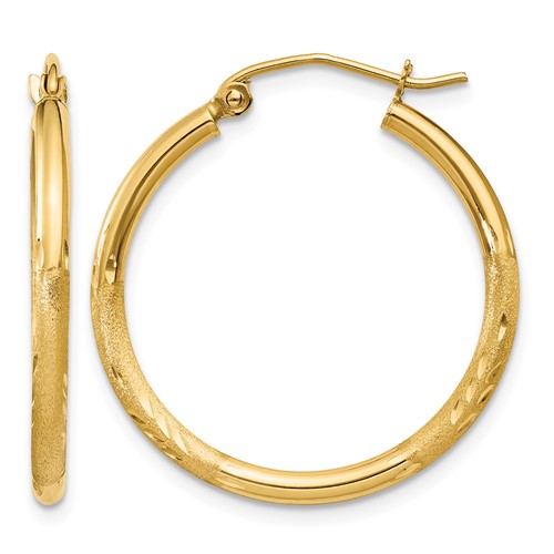 14K Yellow Gold 2x 25mm Satin Diamond-cut Round Tube Hoop Earrings