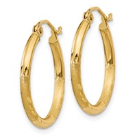 14K Yellow Gold 2x20mm Satin Diamond-cut Round Tube Hoop Earrings view 2