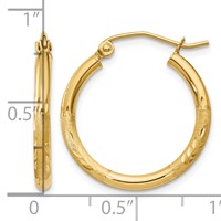 14K Yellow Gold 2x20mm Satin Diamond-cut Round Tube Hoop Earrings view 4