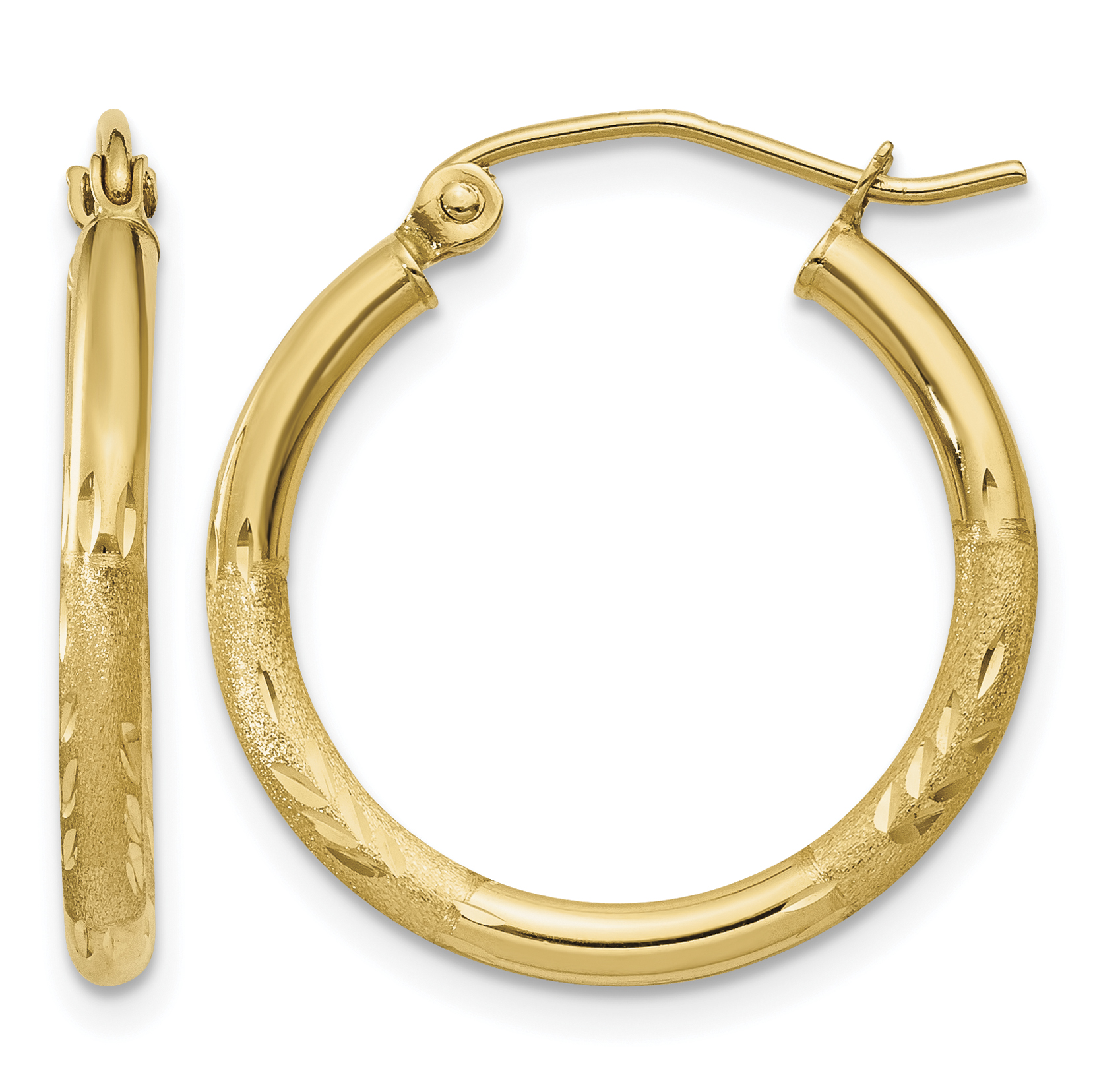 14k Satin and Diamond-cut 2mm Round Tube Hoop Earrings (TC210)