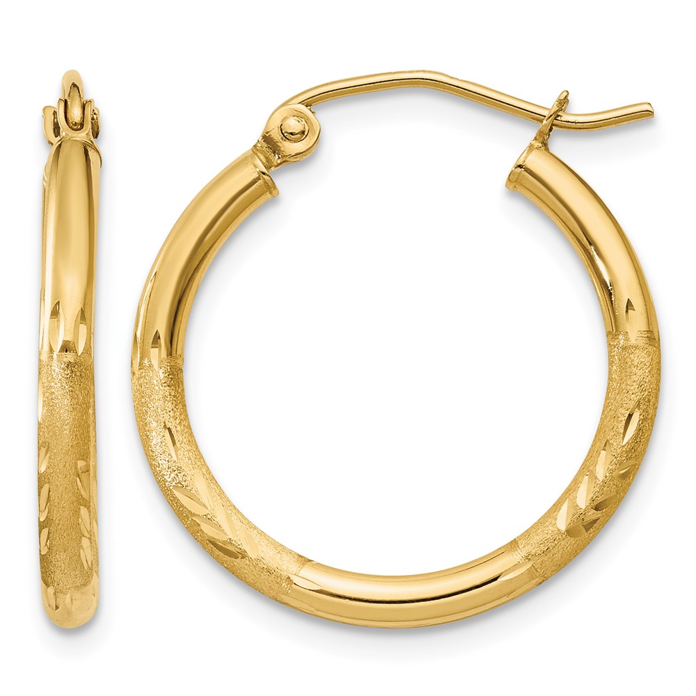 14k Satin and Diamond-cut 2mm Round Tube Hoop Earrings (TC210)