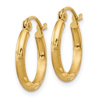 14K Yellow Gold 2x 15mm Satin Diamond-cut Round Tube Hoop Earrings view 2