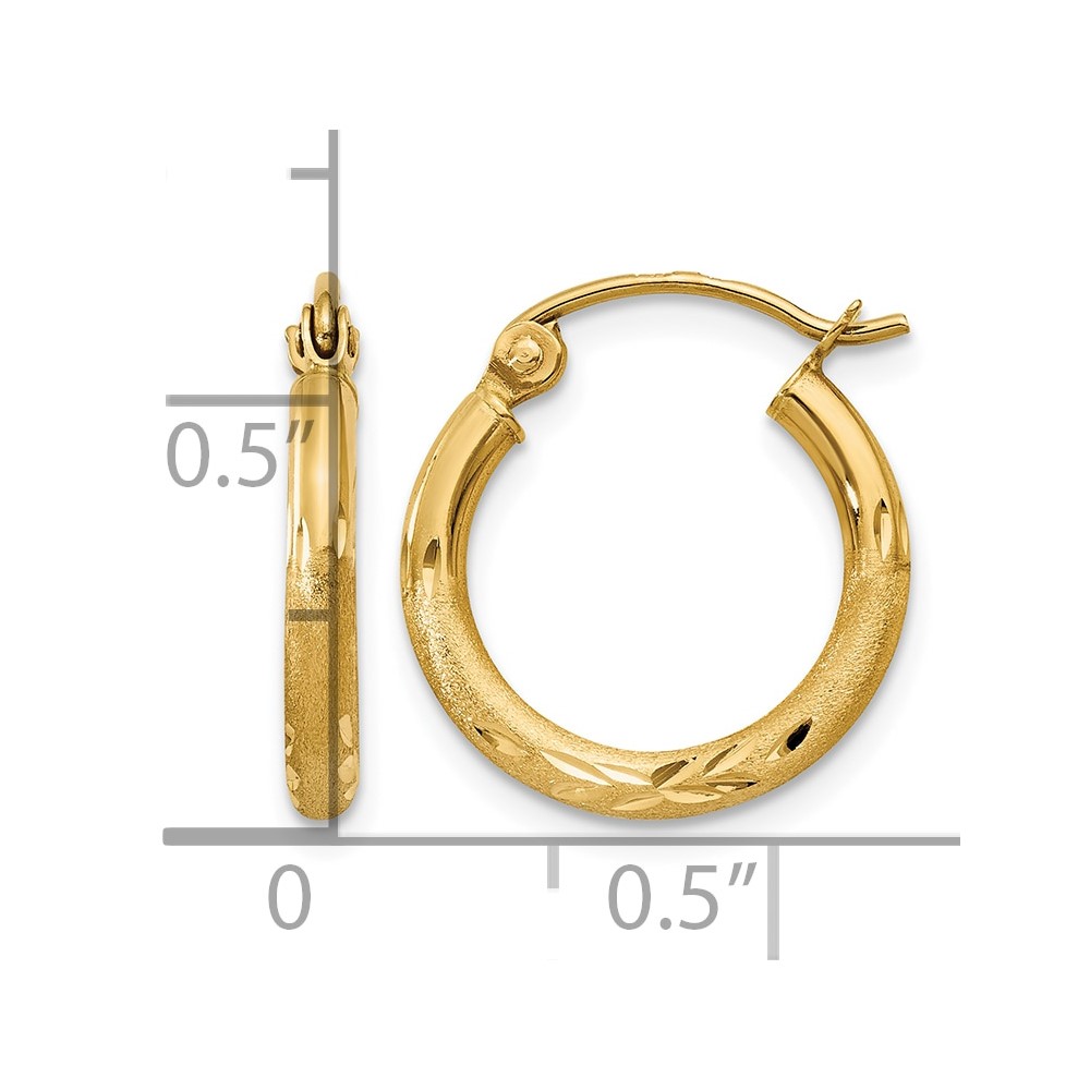 14k Satin and Diamond-cut 2mm Round Tube Hoop Earrings (TC211)