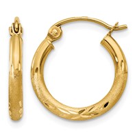 14K Yellow Gold 2x 15mm Satin Diamond-cut Round Tube Hoop Earrings view 1