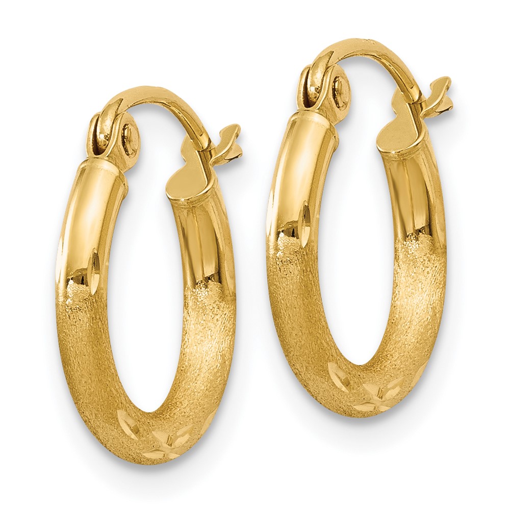14k Satin and Diamond-cut 2mm Round Tube Hoop Earrings (TC212)