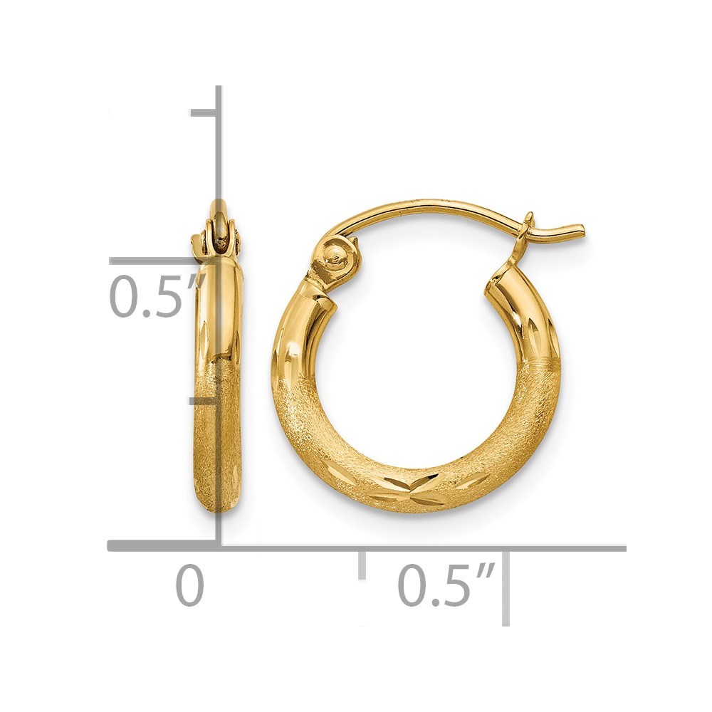 14k Satin and Diamond-cut 2mm Round Tube Hoop Earrings (TC212)