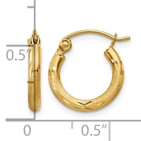14K Yellow Gold 2x 13mm Satin Diamond-cut Round Tube Hoop Earrings view 4