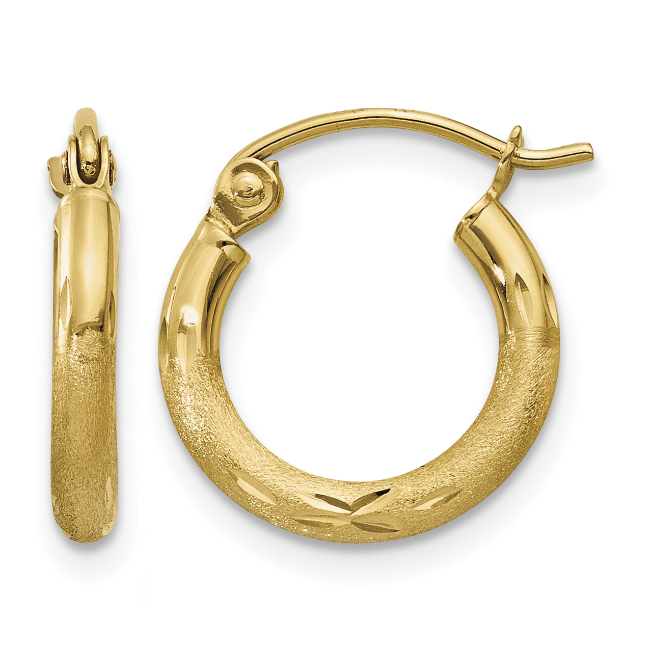 14k Satin and Diamond-cut 2mm Round Tube Hoop Earrings (TC212)