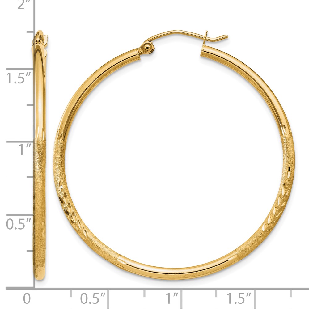 14k Satin and Diamond-cut 2mm Round Tube Hoop Earrings (TC213)