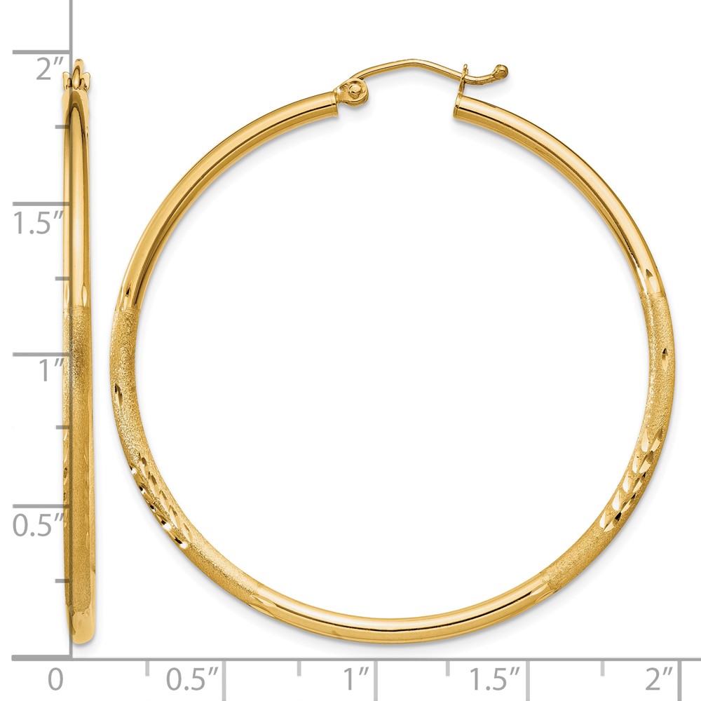 14k Satin and Diamond-cut 2mm Round Tube Hoop Earrings (TC214)