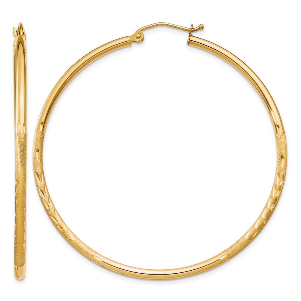 14k Satin and Diamond-cut 2mm Round Tube Hoop Earrings (TC215)