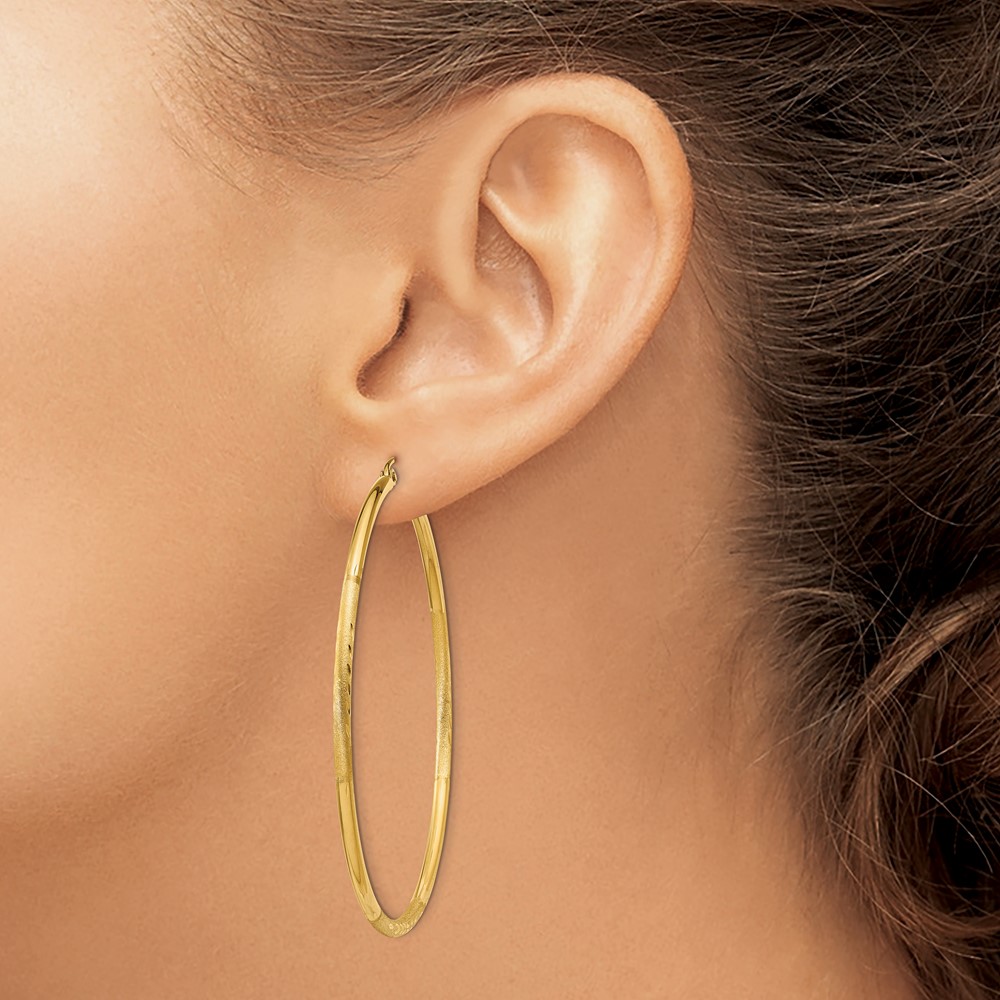 14k Satin and Diamond-cut 2mm Round Tube Hoop Earrings (TC216)