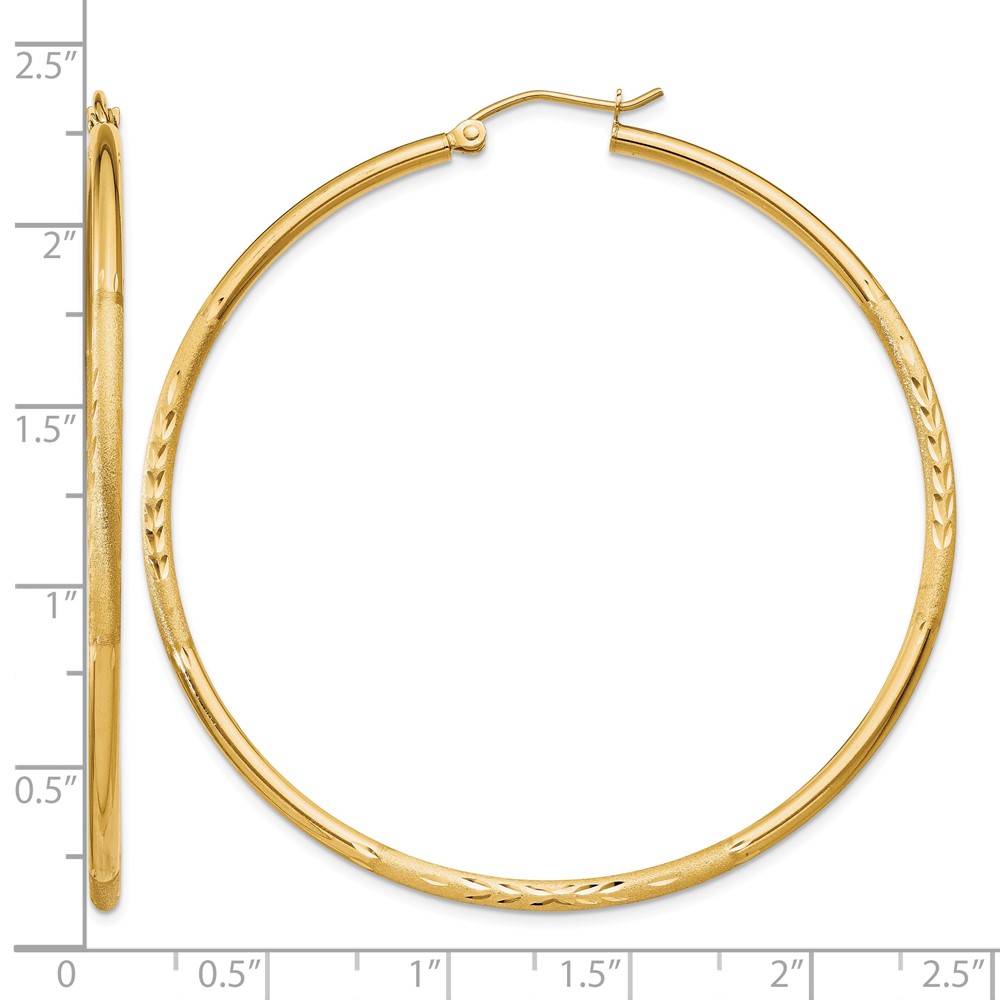 14k Satin and Diamond-cut 2mm Round Tube Hoop Earrings (TC216)