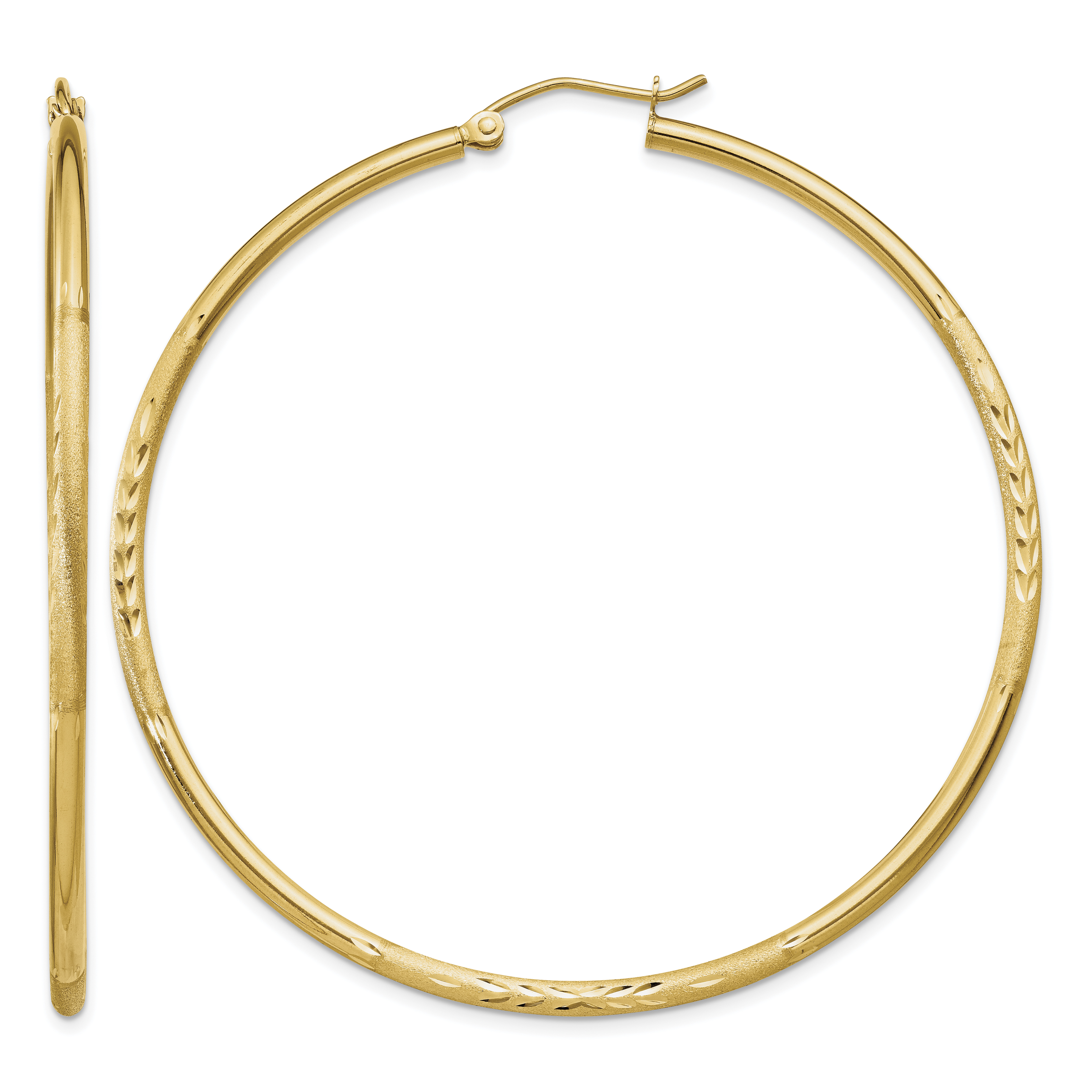 14k Satin and Diamond-cut 2mm Round Tube Hoop Earrings (TC216)