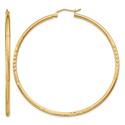 14K Yellow Gold 2x 55mm Satin Diamond-cut Round Tube Hoop Earrings