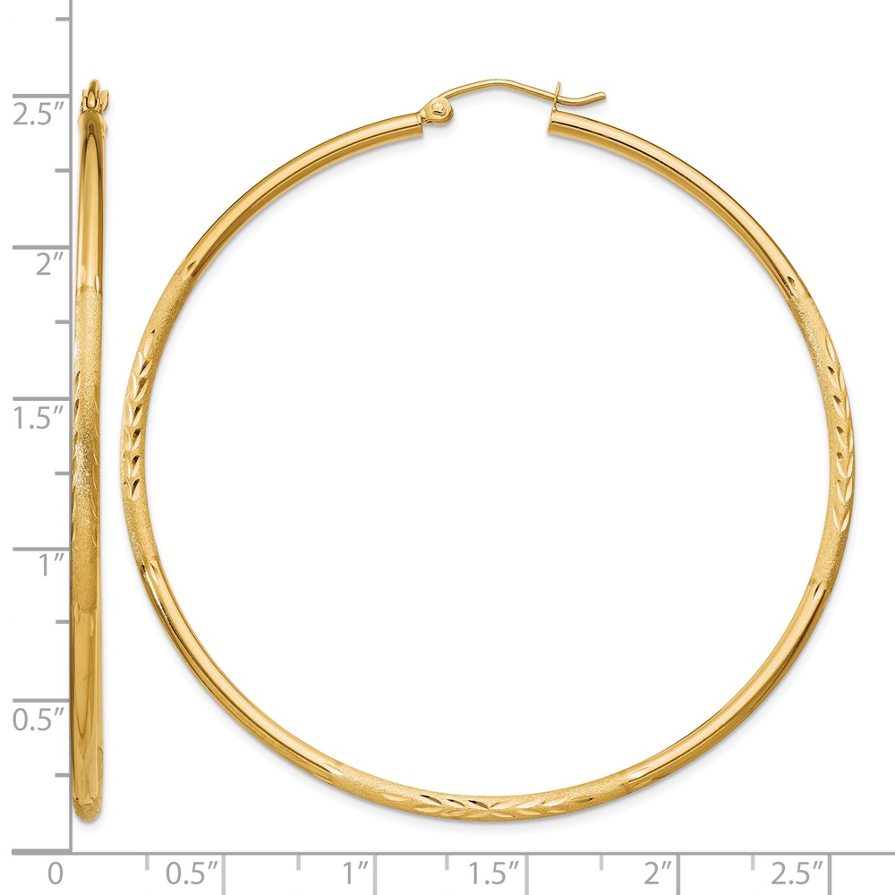 14k Satin and Diamond-cut 2mm Round Tube Hoop Earrings (TC217)