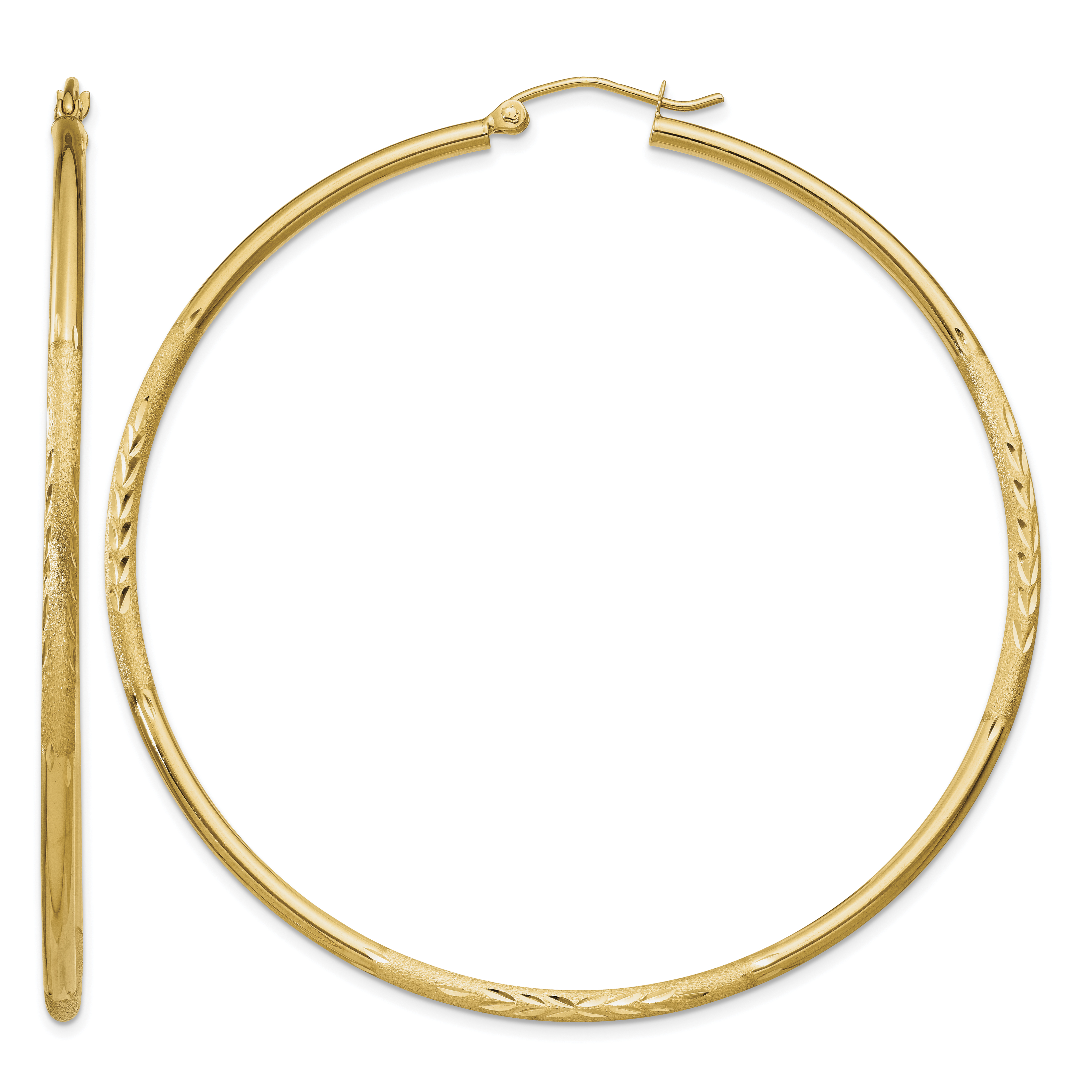 14k Satin and Diamond-cut 2mm Round Tube Hoop Earrings (TC217)