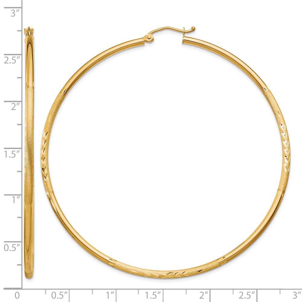 14k Satin and Diamond-cut 2mm Round Tube Hoop Earrings (TC218)