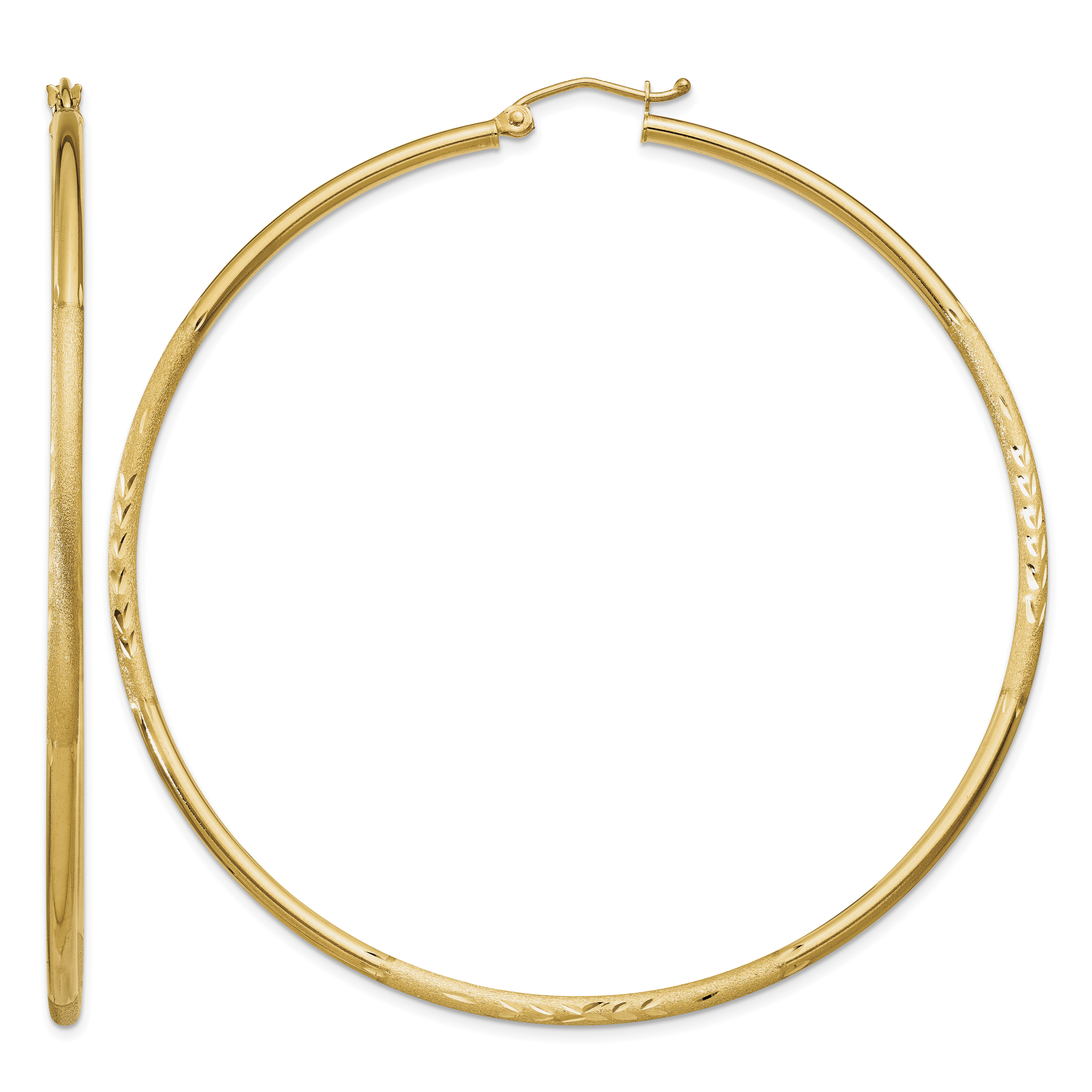 14k Satin and Diamond-cut 2mm Round Tube Hoop Earrings (TC218)