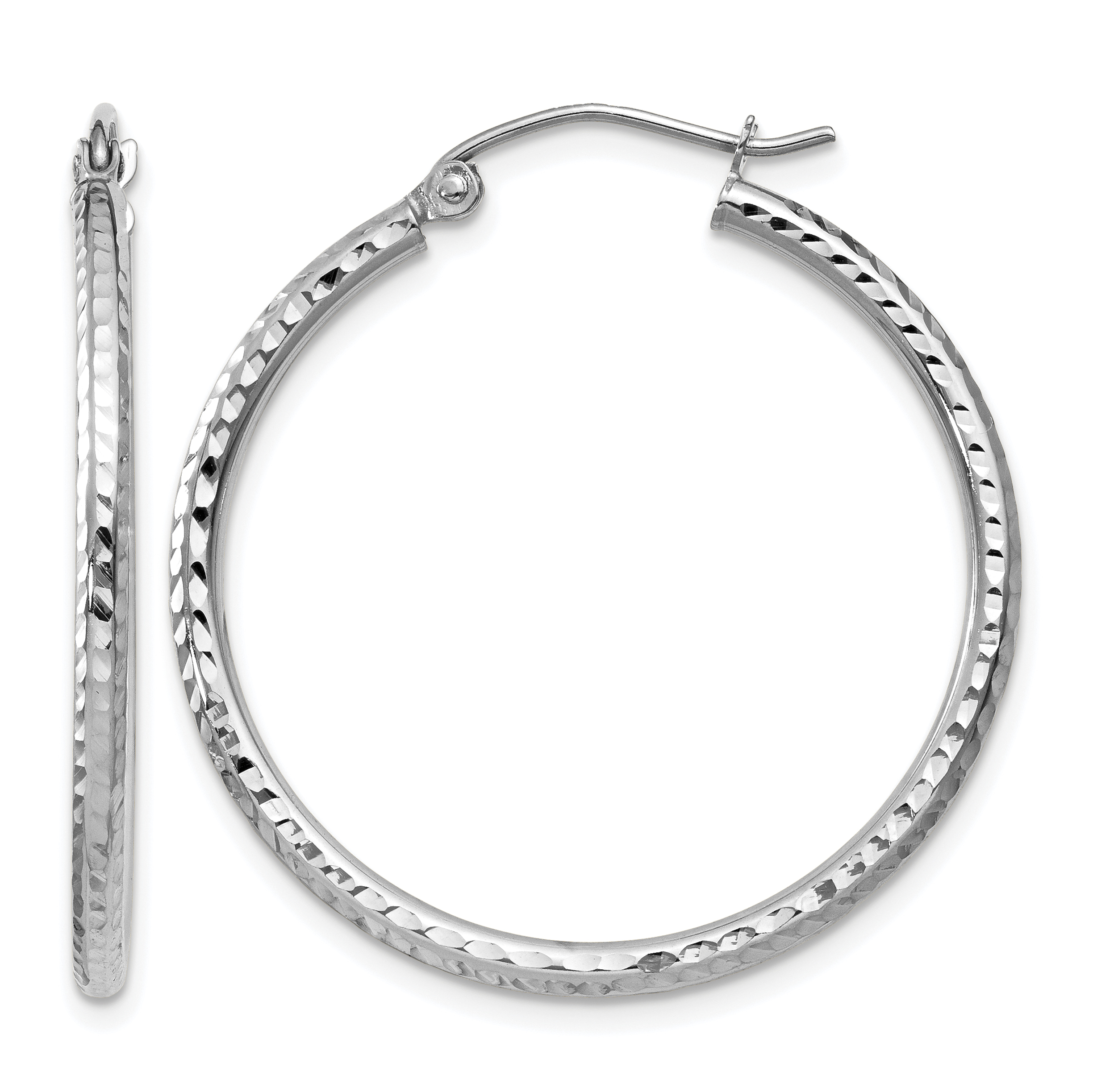 14k White Gold Diamond-cut 2mm Round Tube Hoop Earrings (TC220)