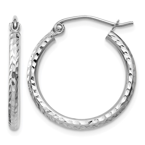 14K White Gold 2x 20mm Diamond-cut Round Tube Hoop Earrings