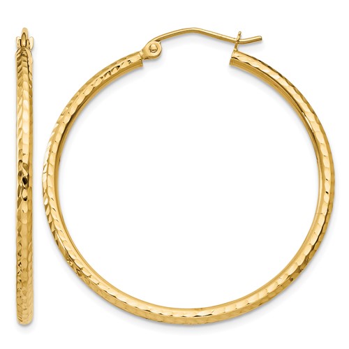 14K Yellow Gold 2x 35mm Diamond-cut Round Tube Hoop Earrings