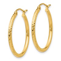 14K Yellow Gold 2x25mm Diamond-cut Round Tube Hoop Earrings view 2