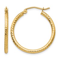 14K Yellow Gold 2x25mm Diamond-cut Round Tube Hoop Earrings view 1