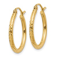 14K Yellow Gold 2x 20mm Diamond-cut Round Tube Hoop Earrings view 2