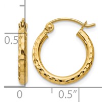 14K Yellow Gold 2x 15mm Diamond-cut Round Tube Hoop Earrings view 4