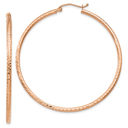 14k Rose Gold 2x50mm Diamond-cut Round Tube Hoop Earrings