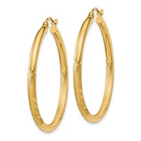 14K Yellow Gold 2.5x 30mm Satin Diamond-cut Round Tube Hoop Earrings view 2