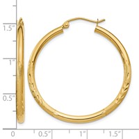 14K Yellow Gold 2.5x 30mm Satin Diamond-cut Round Tube Hoop Earrings view 4