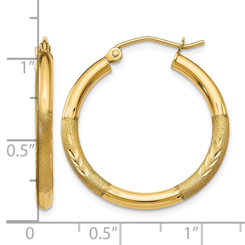 14k Satin and Diamond-cut 2.5mm Round Hoop Earrings (TC244)