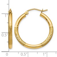 14K Yellow Gold 2.5x 24mm Satin Diamond-cut Round Tube Hoop Earrings view 4